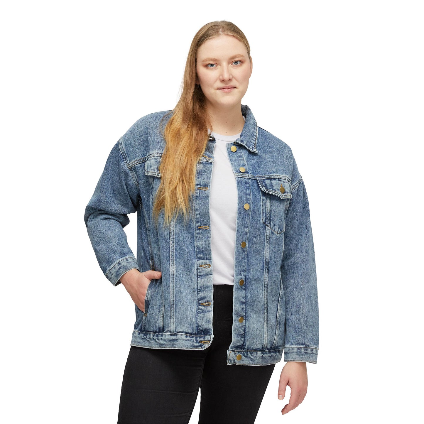 Women's Denim Jacket with Retro Sunset Palm Back Graphic – Casual Beach Vibe
