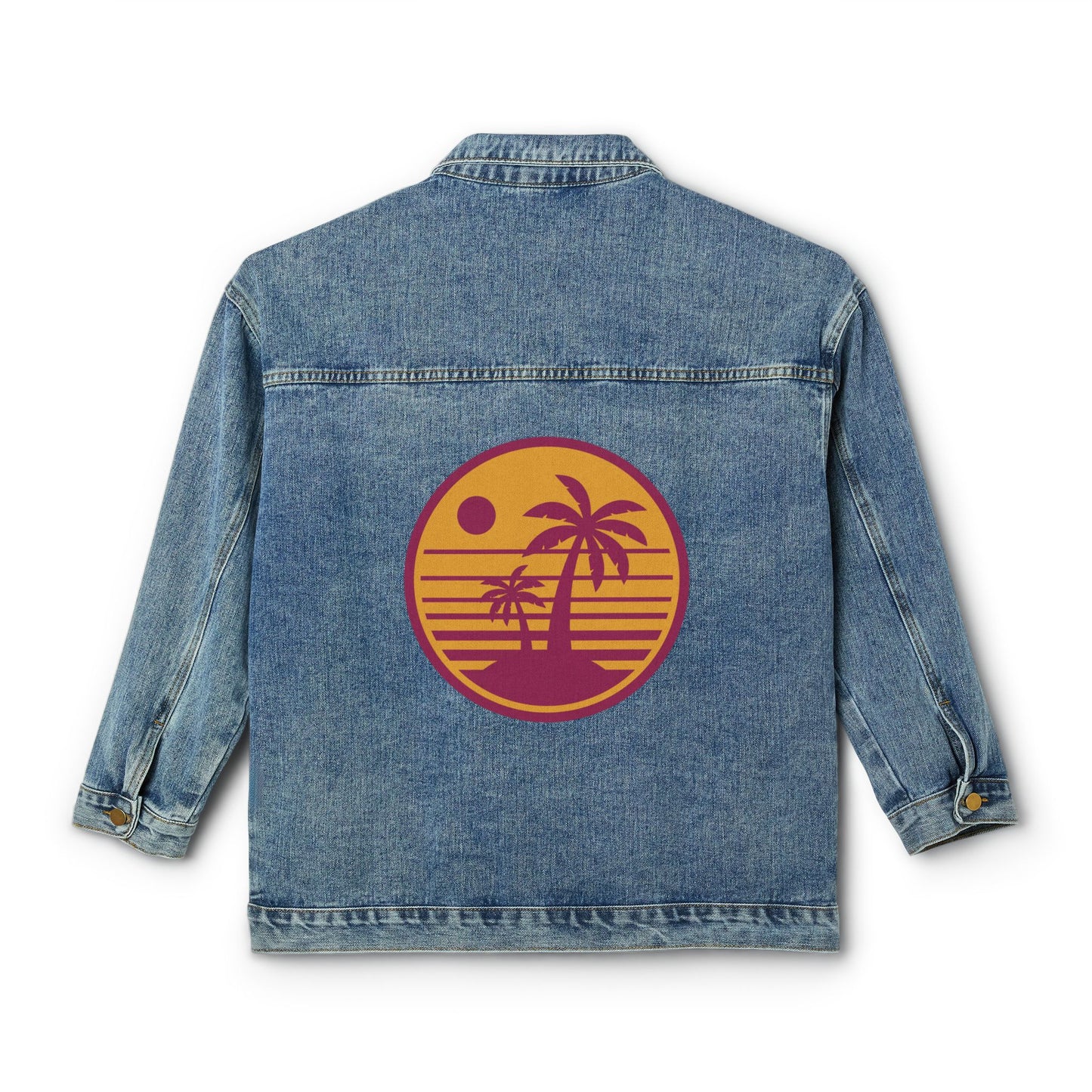 Women's Denim Jacket with Retro Sunset Palm Back Graphic – Casual Beach Vibe