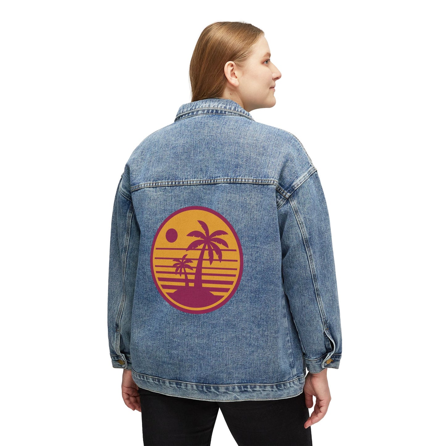 Women's Denim Jacket with Retro Sunset Palm Back Graphic – Casual Beach Vibe