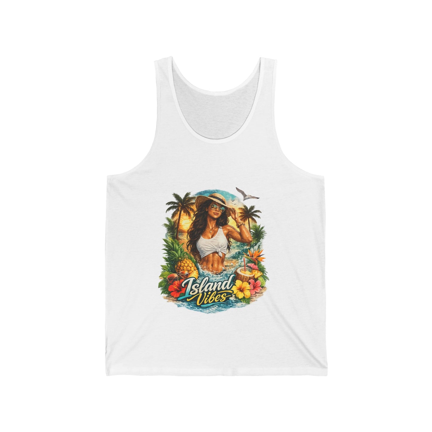 Island Vibes Tank Top — Tropical Beach Palm Tree Graphic