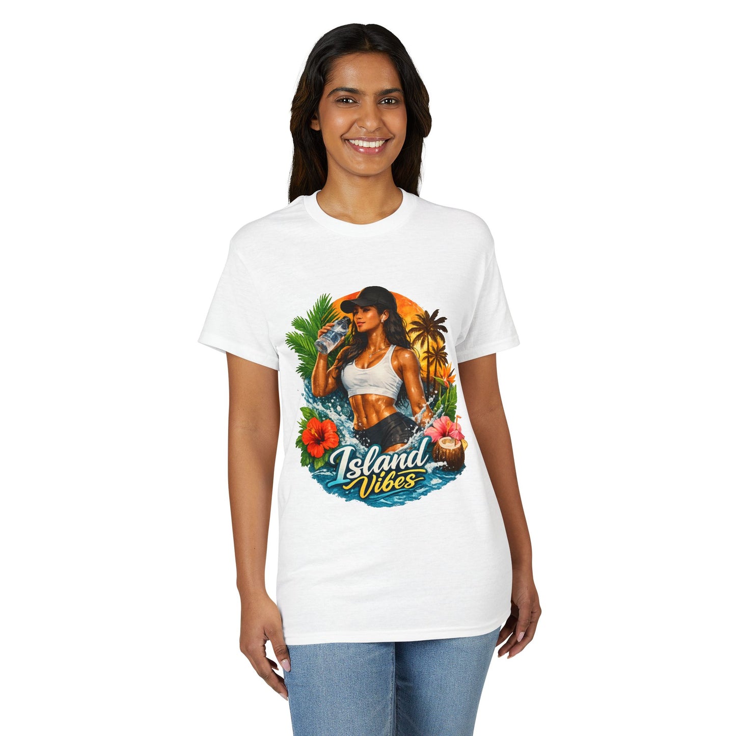Island Vibes Tropical Beach T-Shirt — Woman Drinking Coconut Print