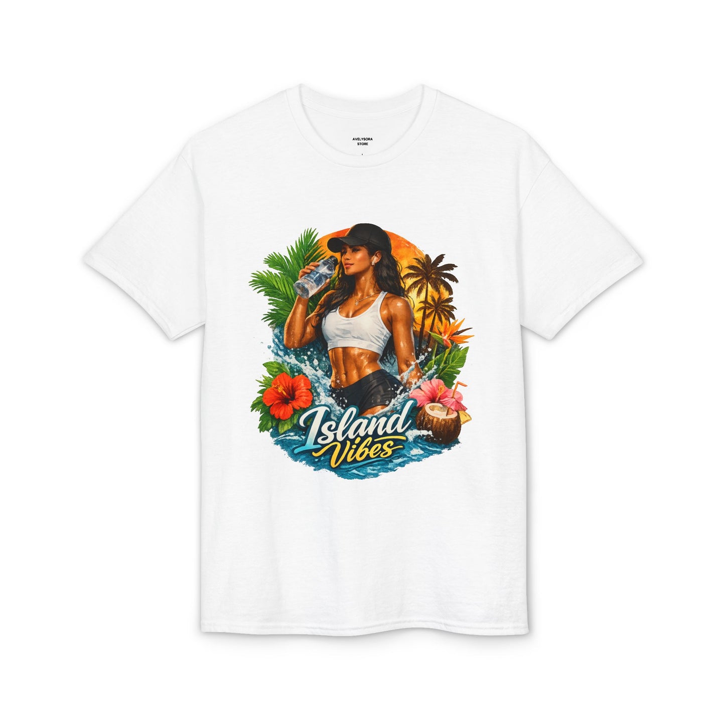 Island Vibes Tropical Beach T-Shirt — Woman Drinking Coconut Print