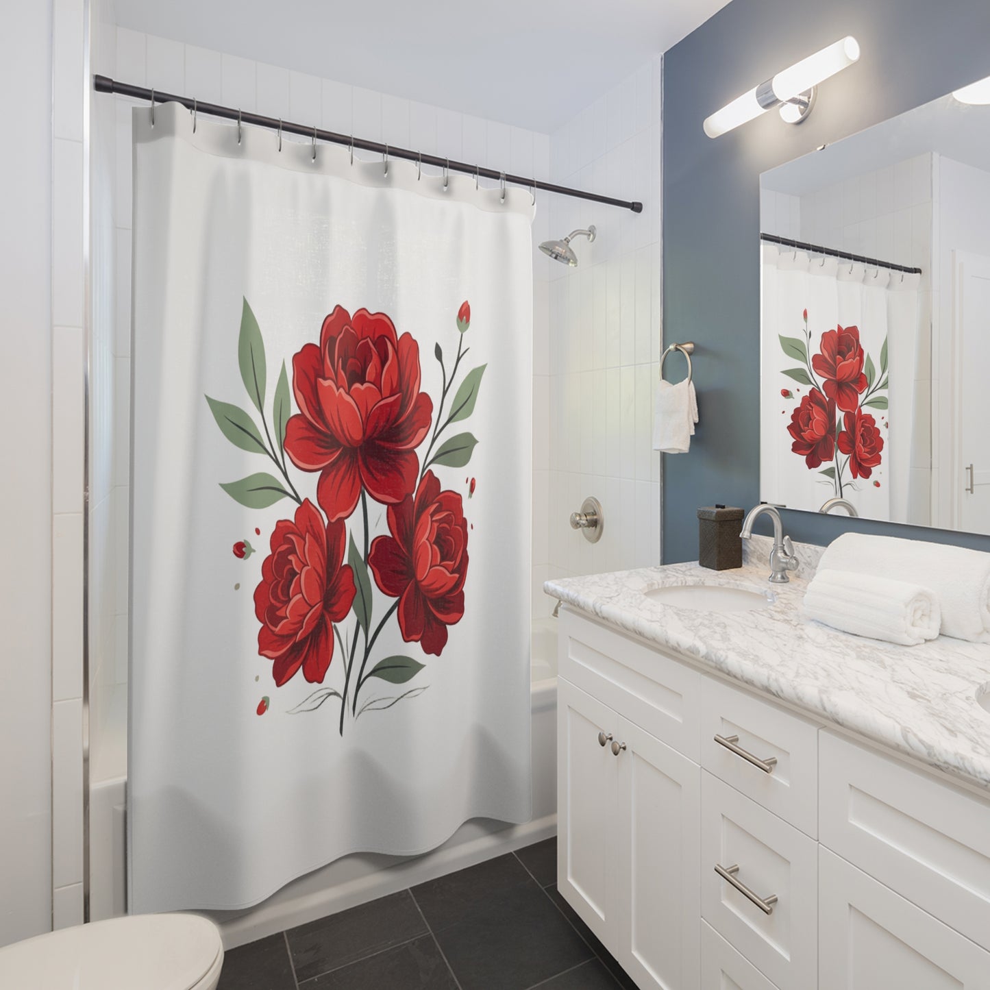 Red Peony Floral Shower Curtain — Elegant Botanical Bathroom Decor