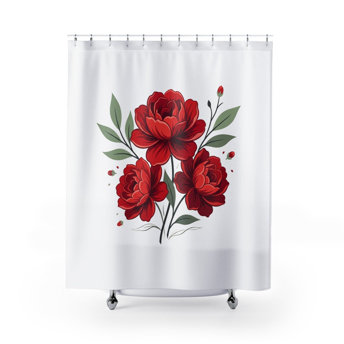 Red Peony Floral Shower Curtain — Elegant Botanical Bathroom Decor