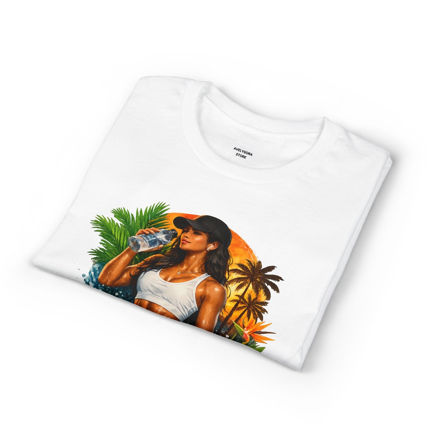 Island Vibes Tropical Beach T-Shirt — Woman Drinking Coconut Print