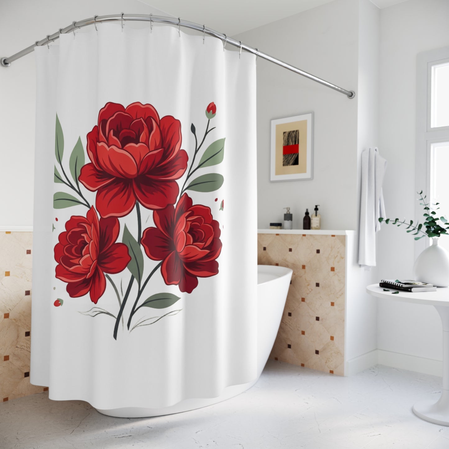 Red Peony Floral Shower Curtain — Elegant Botanical Bathroom Decor